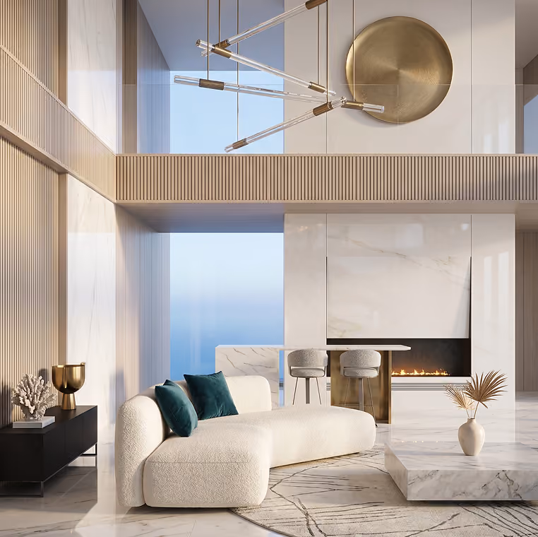 Modern living room with white curved sofa, by MT Construction Group Miami