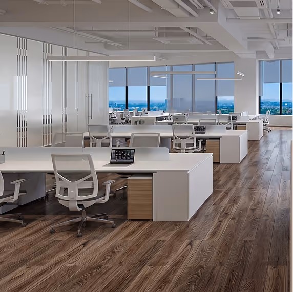 Modern open office with white desks, ergonomic chairs, by MT Construction Group Miami