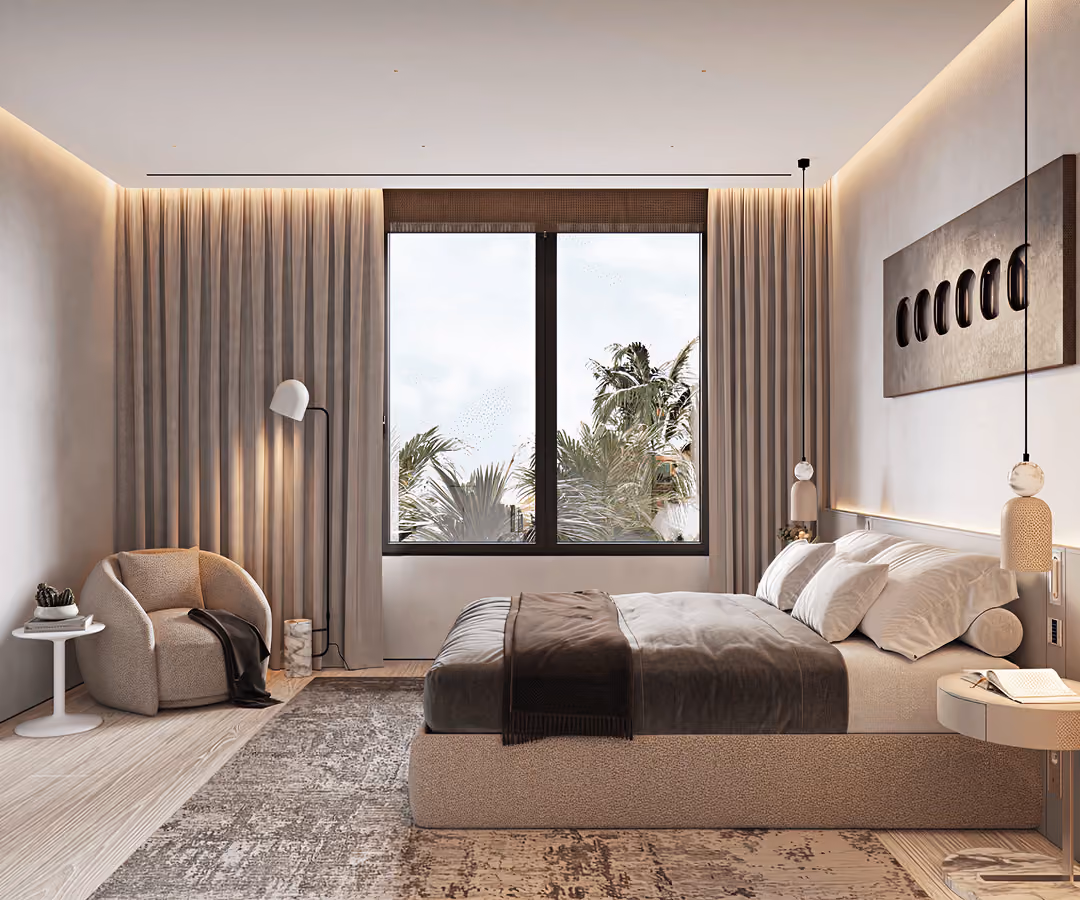 Modern bedroom with large window, beige bed, armchair, floor lamp, round side tables, and curtain.