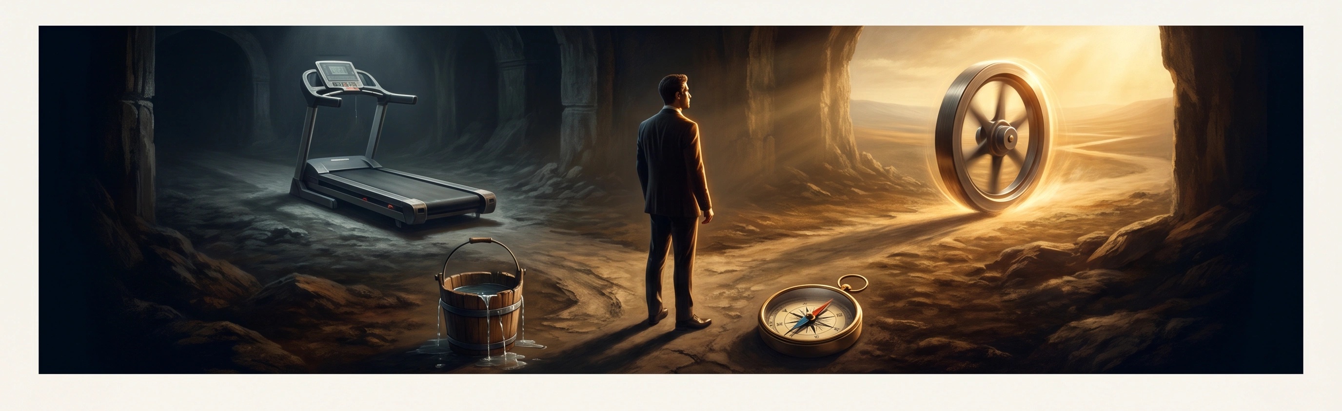 A founder standing at a crossroads between a treadmill and a flywheel, symbolizing the choice between control and growth