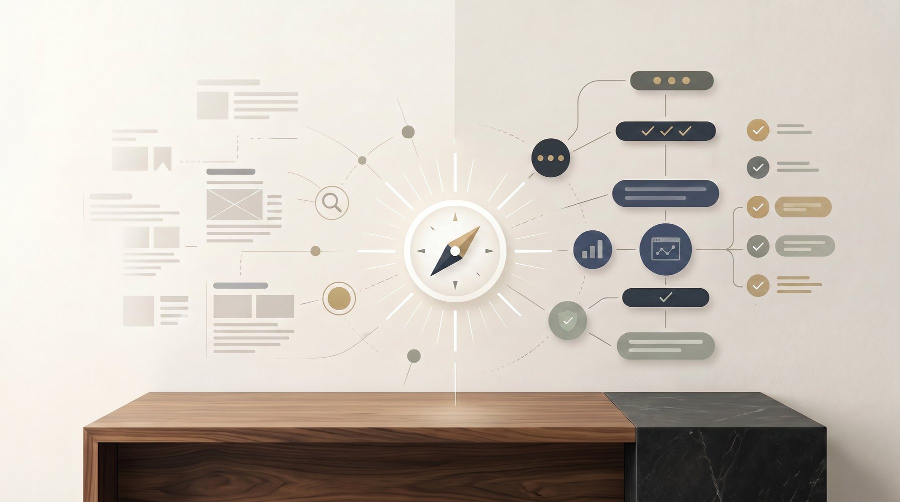 Abstract compass and structured signal system showing brand recognition in AI search.