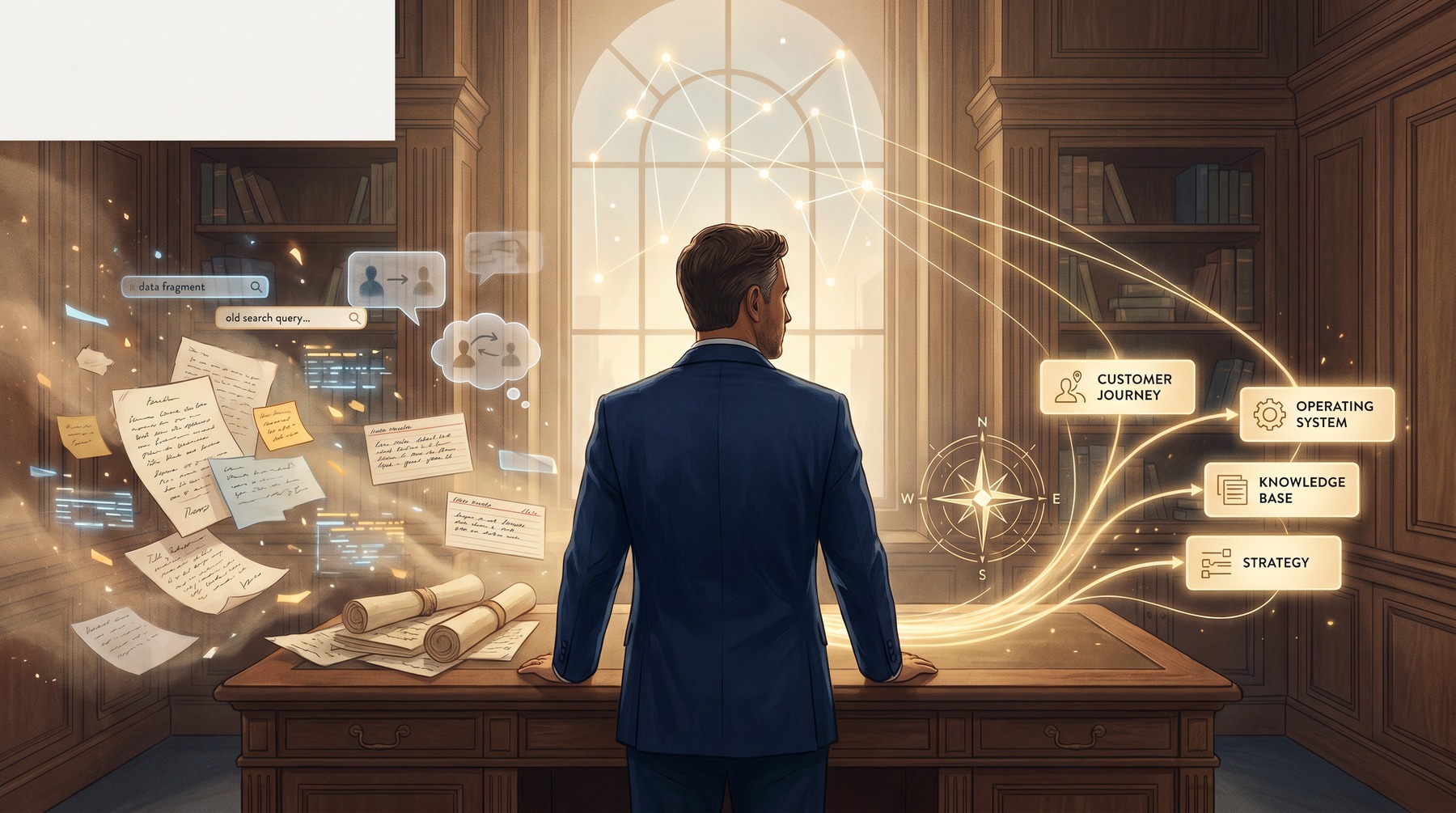 Founder organizing fragmented company knowledge into a clear operating system for AI search visibility