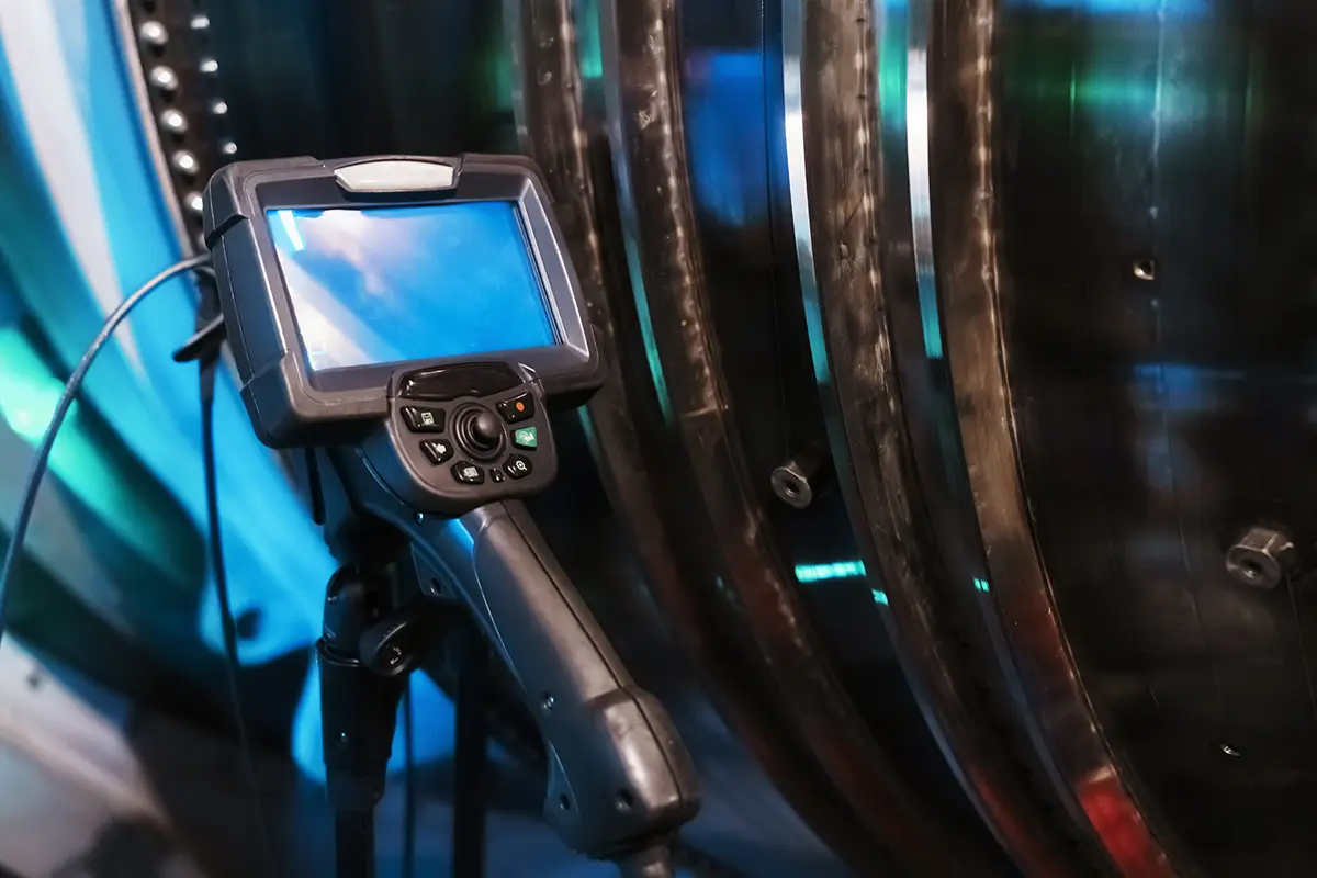 Borescope inspection device with screen and control buttons positioned near a large metallic turbine or engine component.