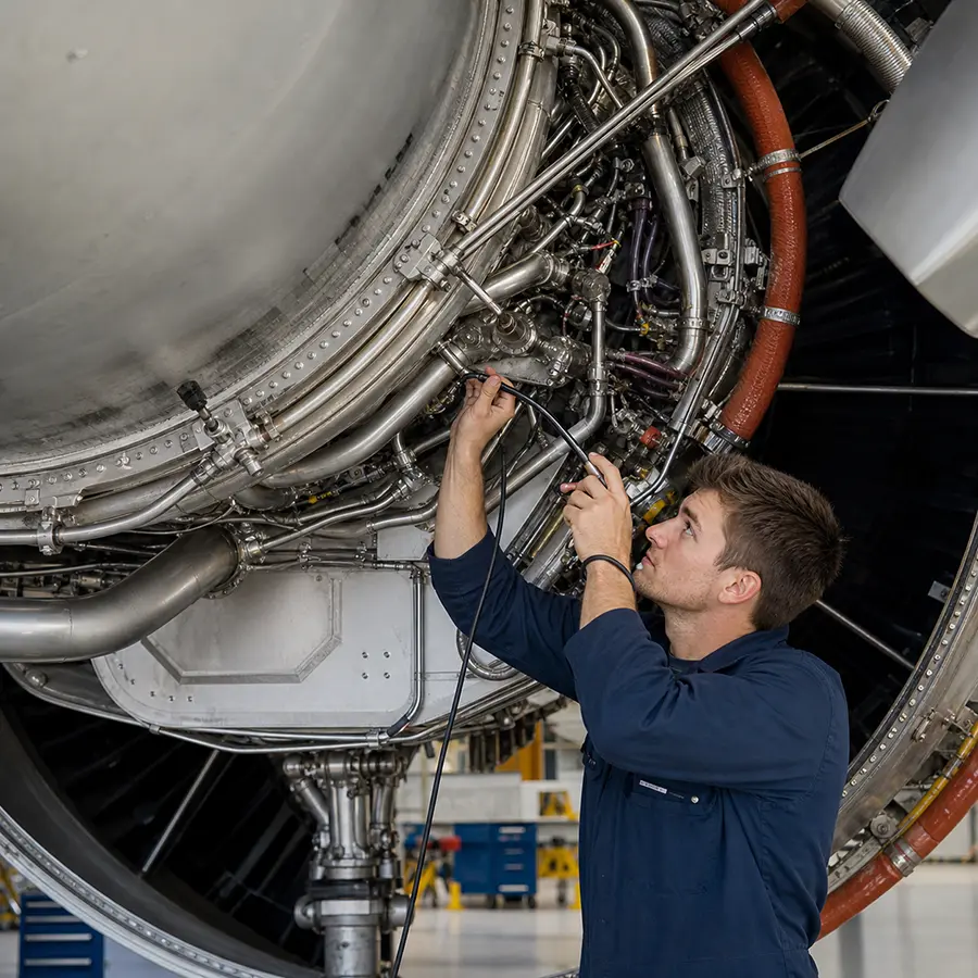 Technician inspecting aircraft jet engine components with a borescope.
