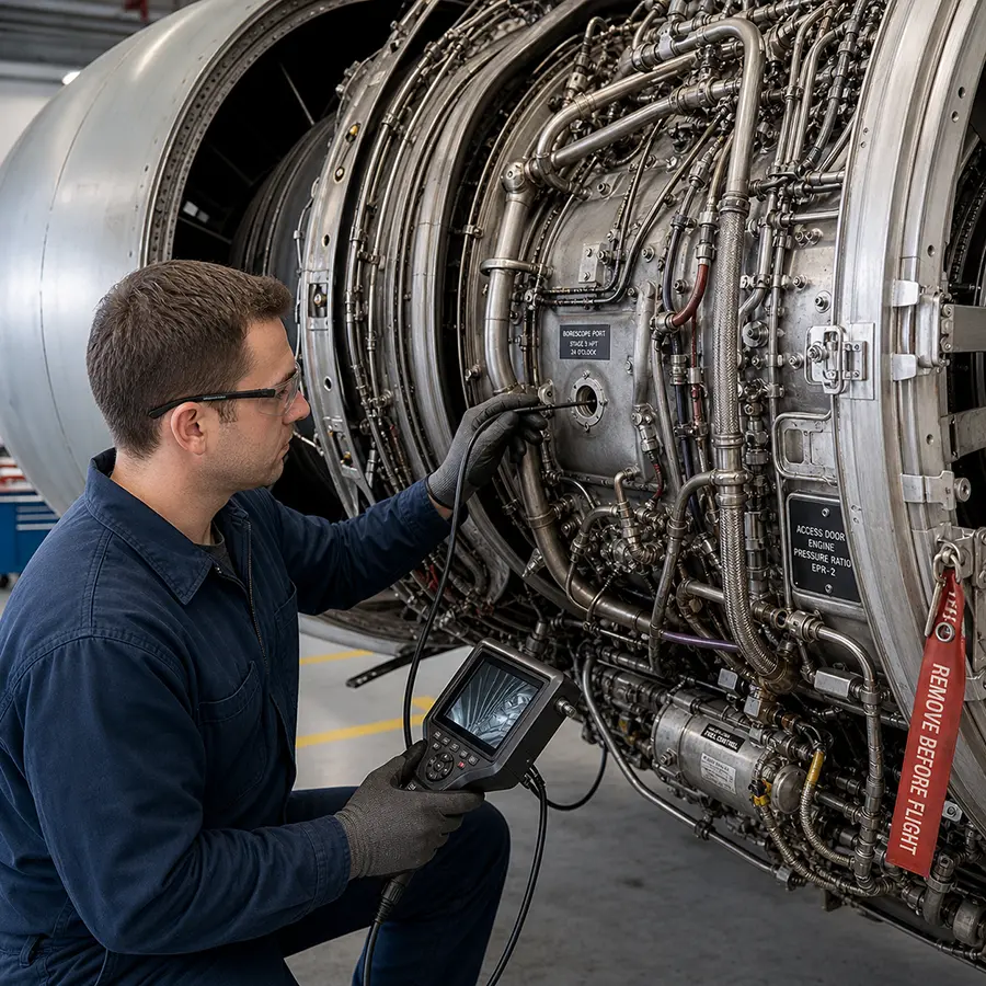 Technician using a borescope to inspect the inside of an aircraft engine.