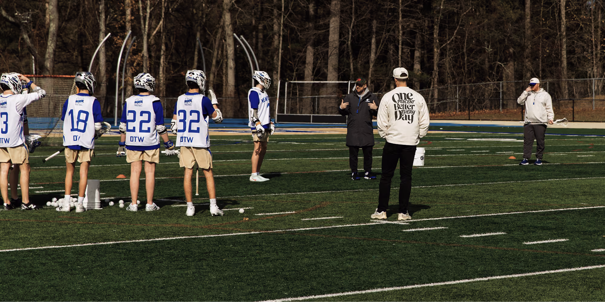 Lacrosse players in helmets and coaches on a green field during practice.