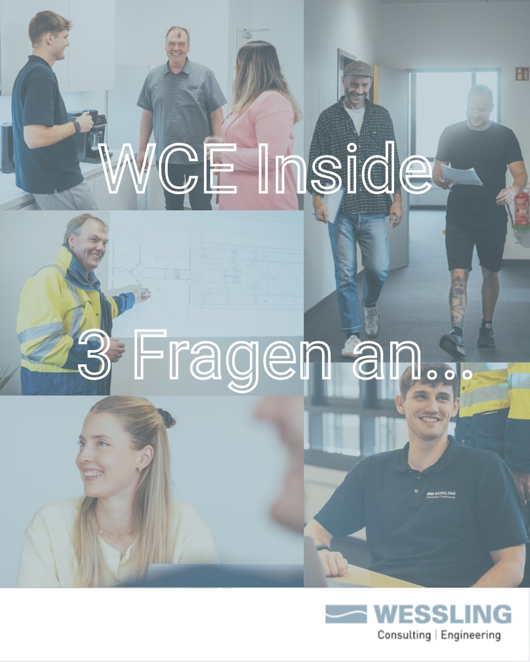 Fünf Mitarbeiter in verschiedenen Büroumgebungen bei WESSLING Consulting Engineering.