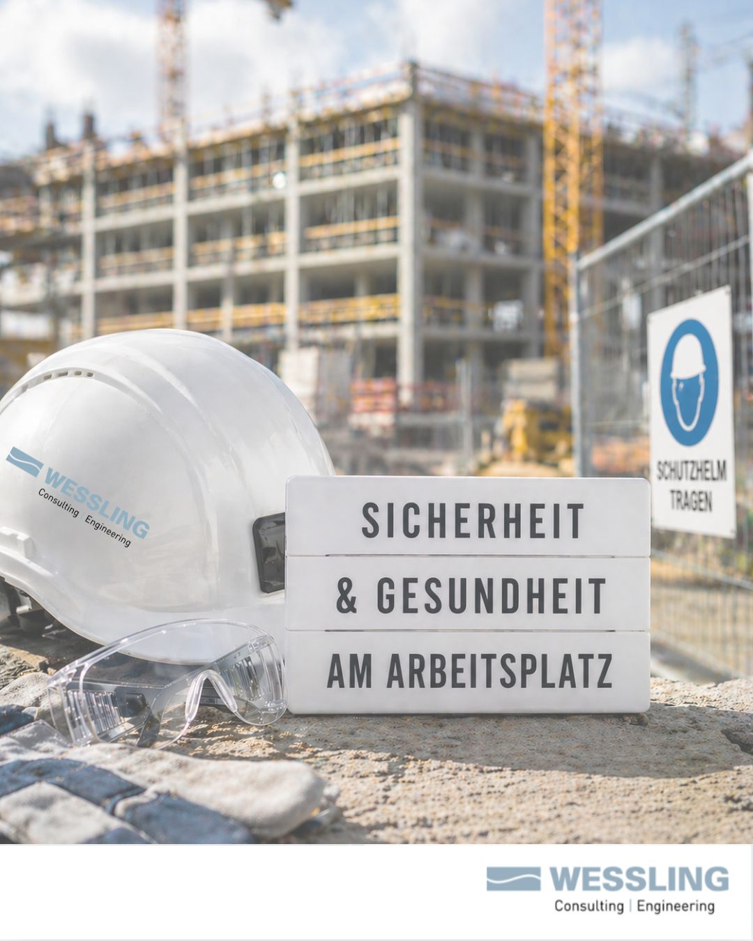 Bauhelm, Schutzbrille und Schild mit Text Sicherheit & Gesundheit am Arbeitsplatz vor Baustelle.