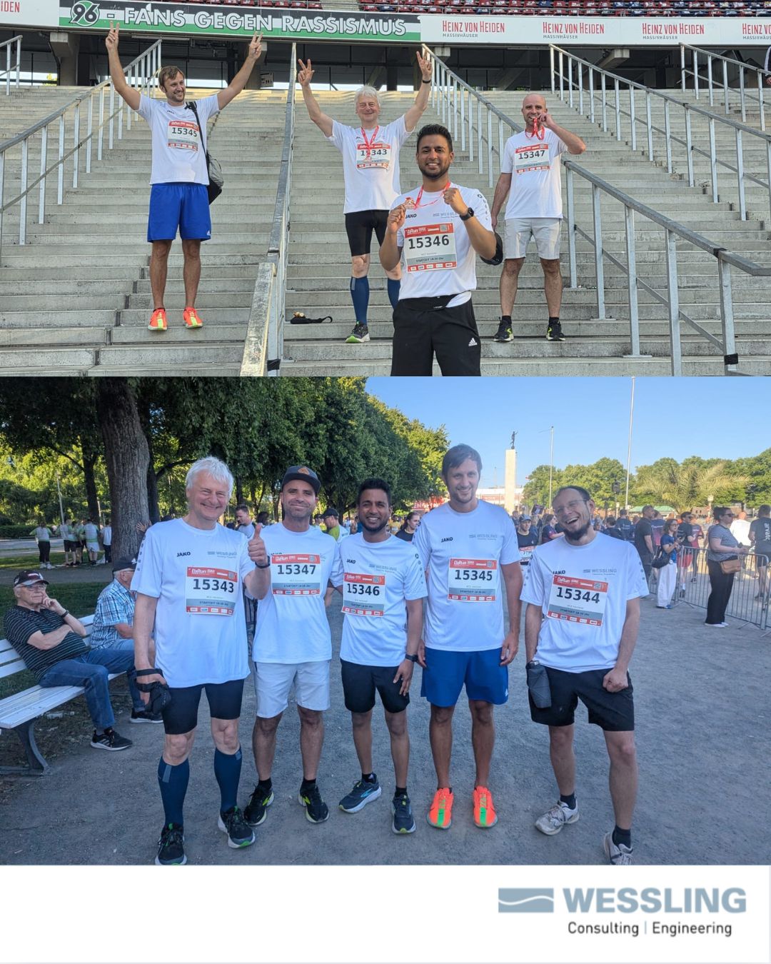 Zwei Fotos von Läufern in weißen T-Shirts mit Startnummern, einige zeigen Medaillen, vor Treppen und in einem Park.