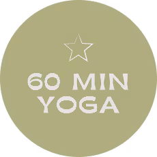 Green circular badge with a white star above the text '60 MIN YOGA'.