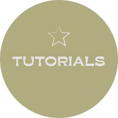 Circular badge with a star icon above the word 'TUTORIALS' on an olive green background.