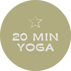 Green circular badge with white text reading '20 MIN YOGA' and a star above the text.