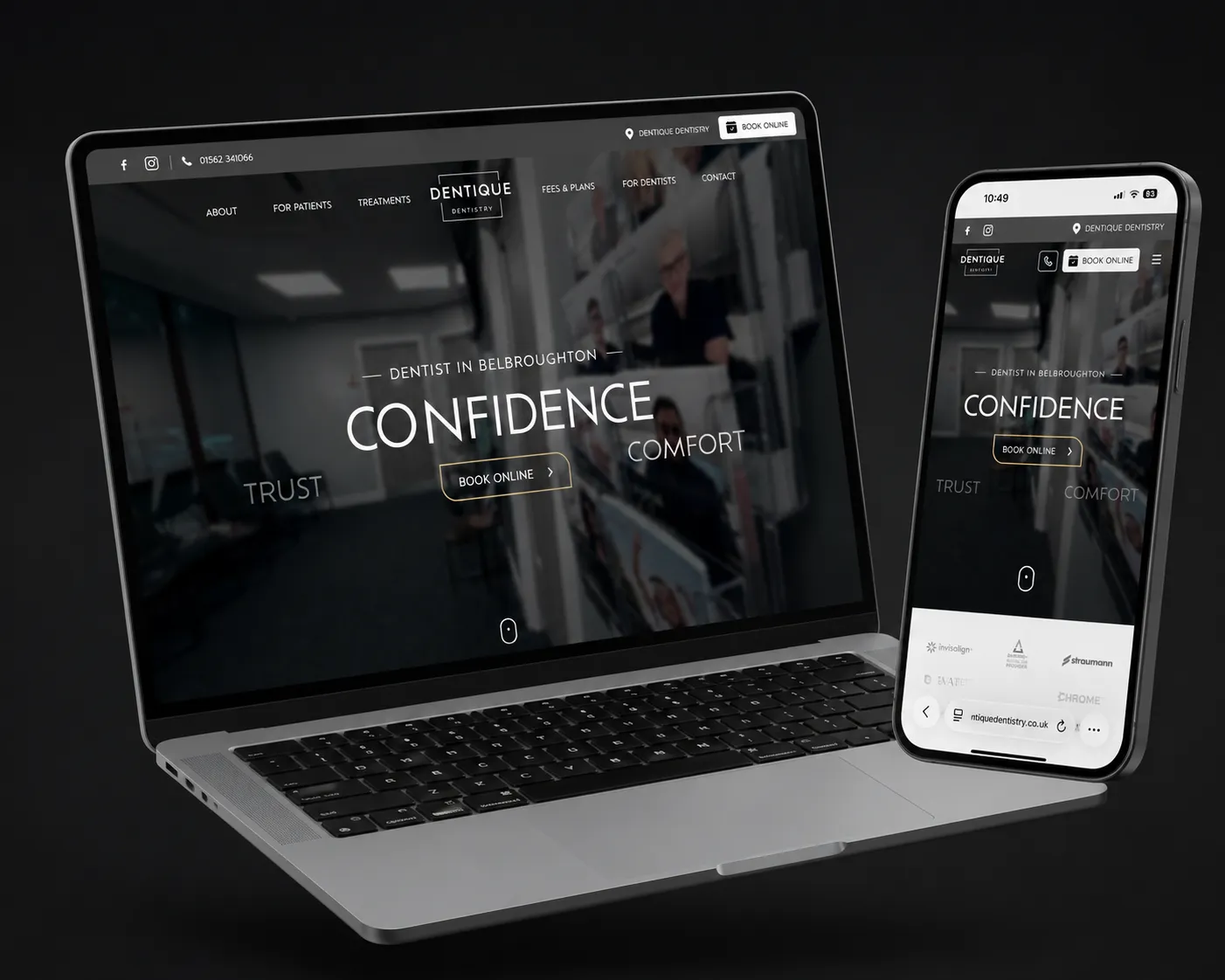 Dentique Dentistry responsive website displayed on a laptop and phone