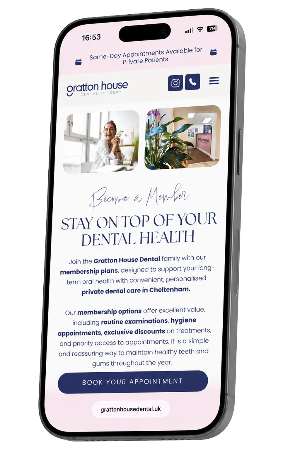 Gratton House Dental Surgery website displayed on a phone