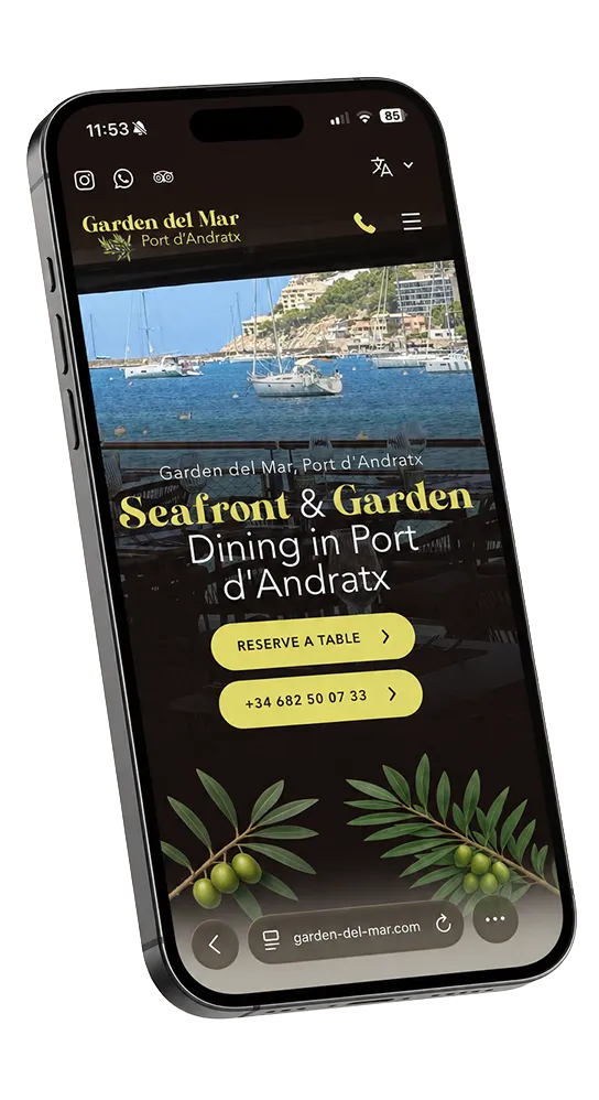 Garden del Mar restaurant website displayed on a phone