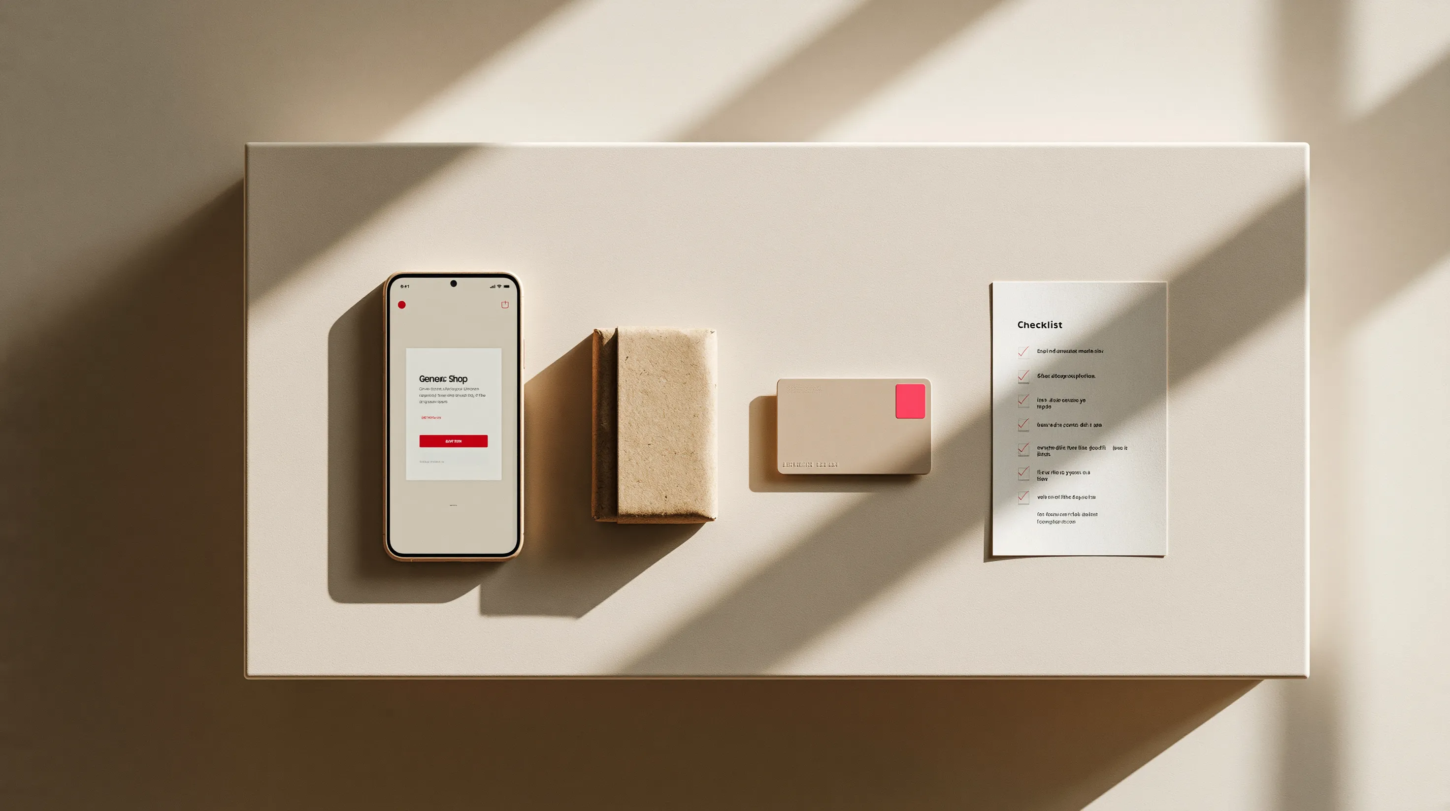 Overhead flat-lay of a smartphone, small parcel, bank card and printed checklist arranged in calm steps on a warm off-white desk.