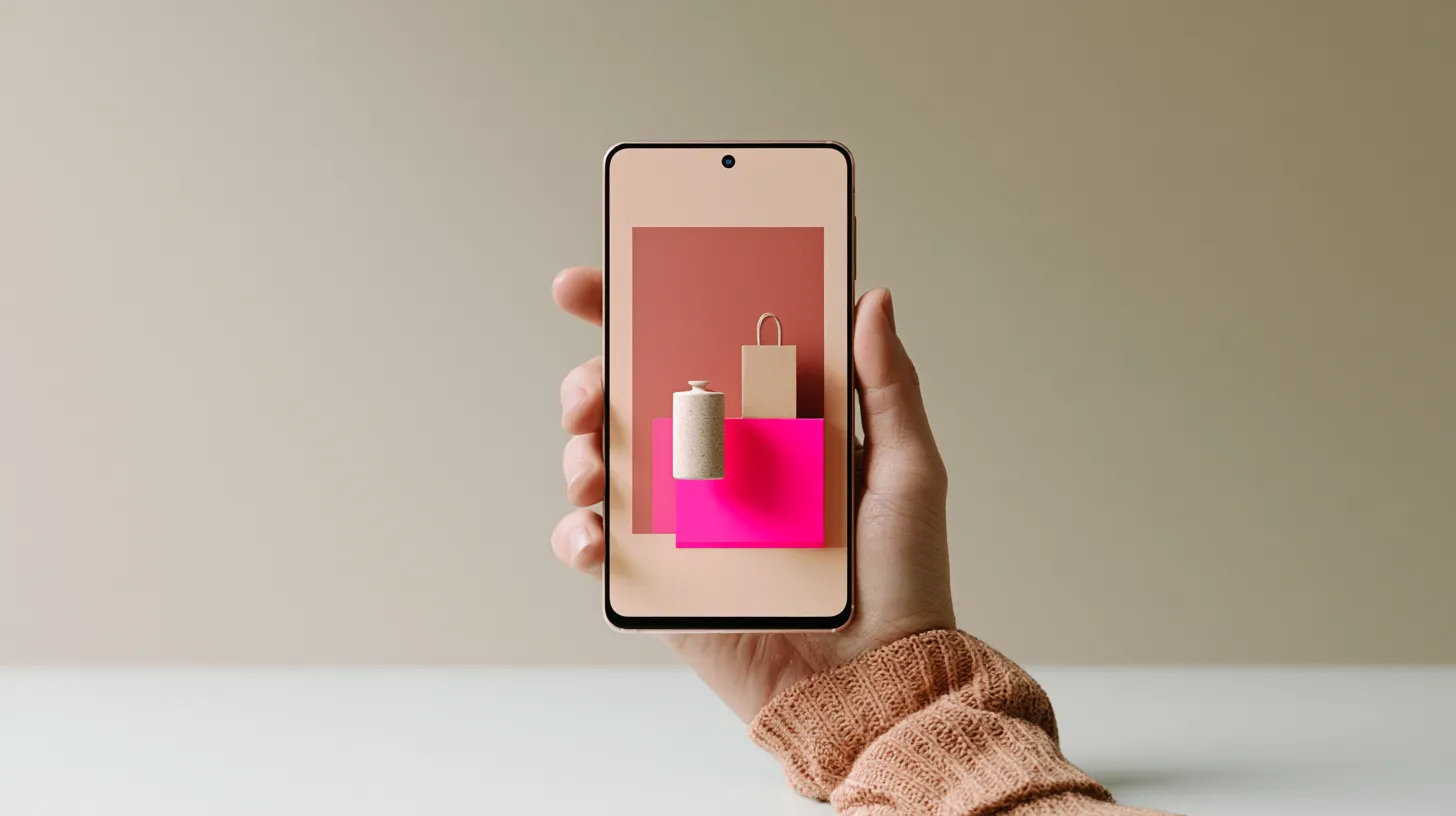 A hand holding a smartphone with a small product and tiny paper shopping bag stepping out of the screen into the real world.