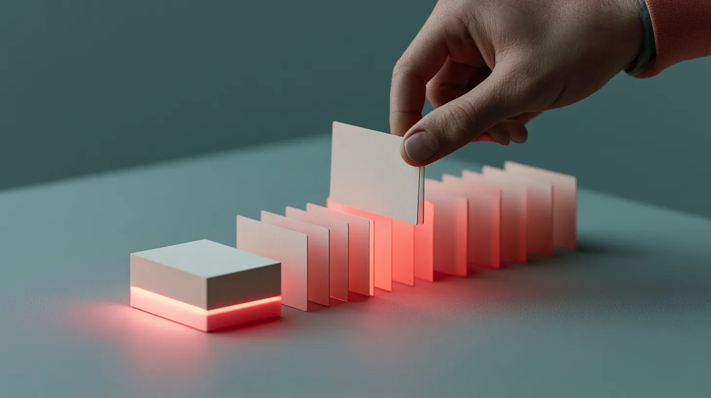 A hand selecting one softly glowing card from a neat row of plain identical cards on a charcoal desk.