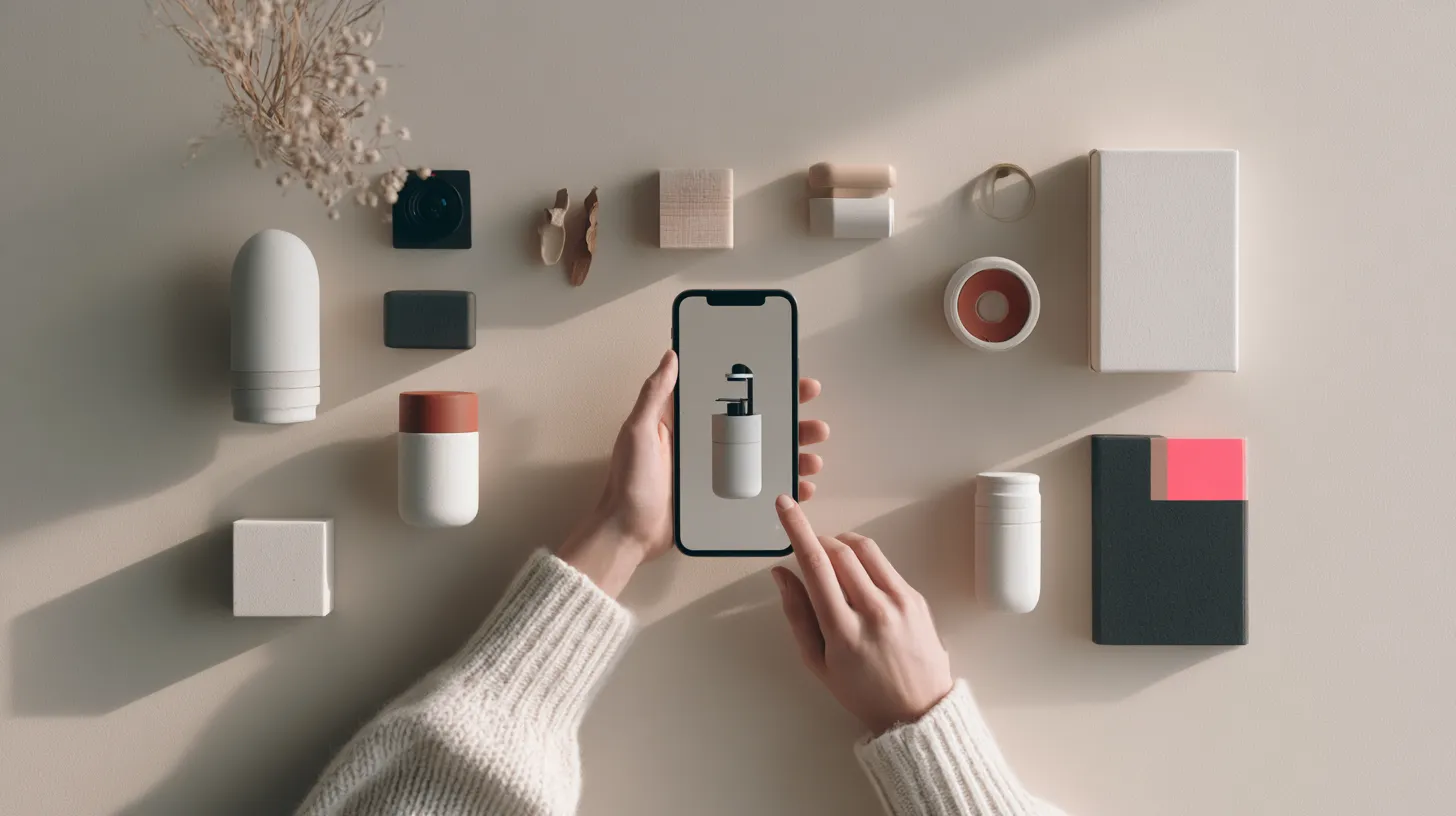 Overhead of a creator's hands styling and filming a single product for a short social video on a smartphone.