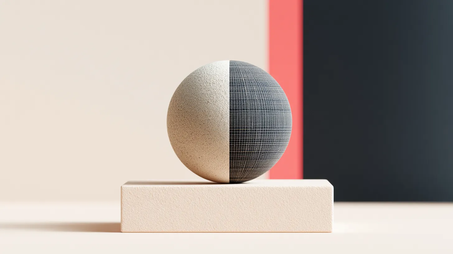 Two halves of a single smooth sphere fused seamlessly — one half a tactile hand-crafted texture, the other an engraved data grid.