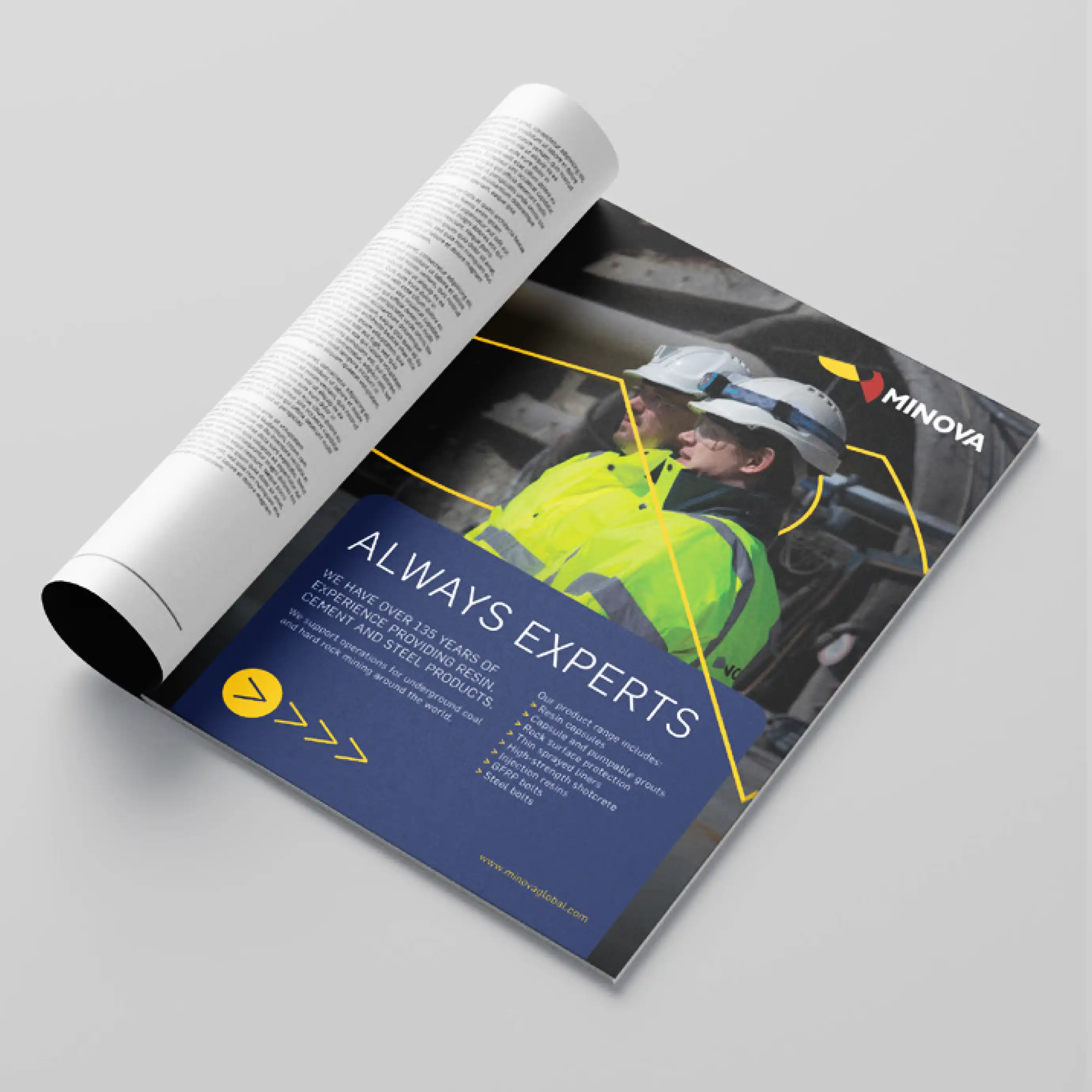 Minova's relaunched global mining brand identity applied across industrial and digital marketing touchpoints.
