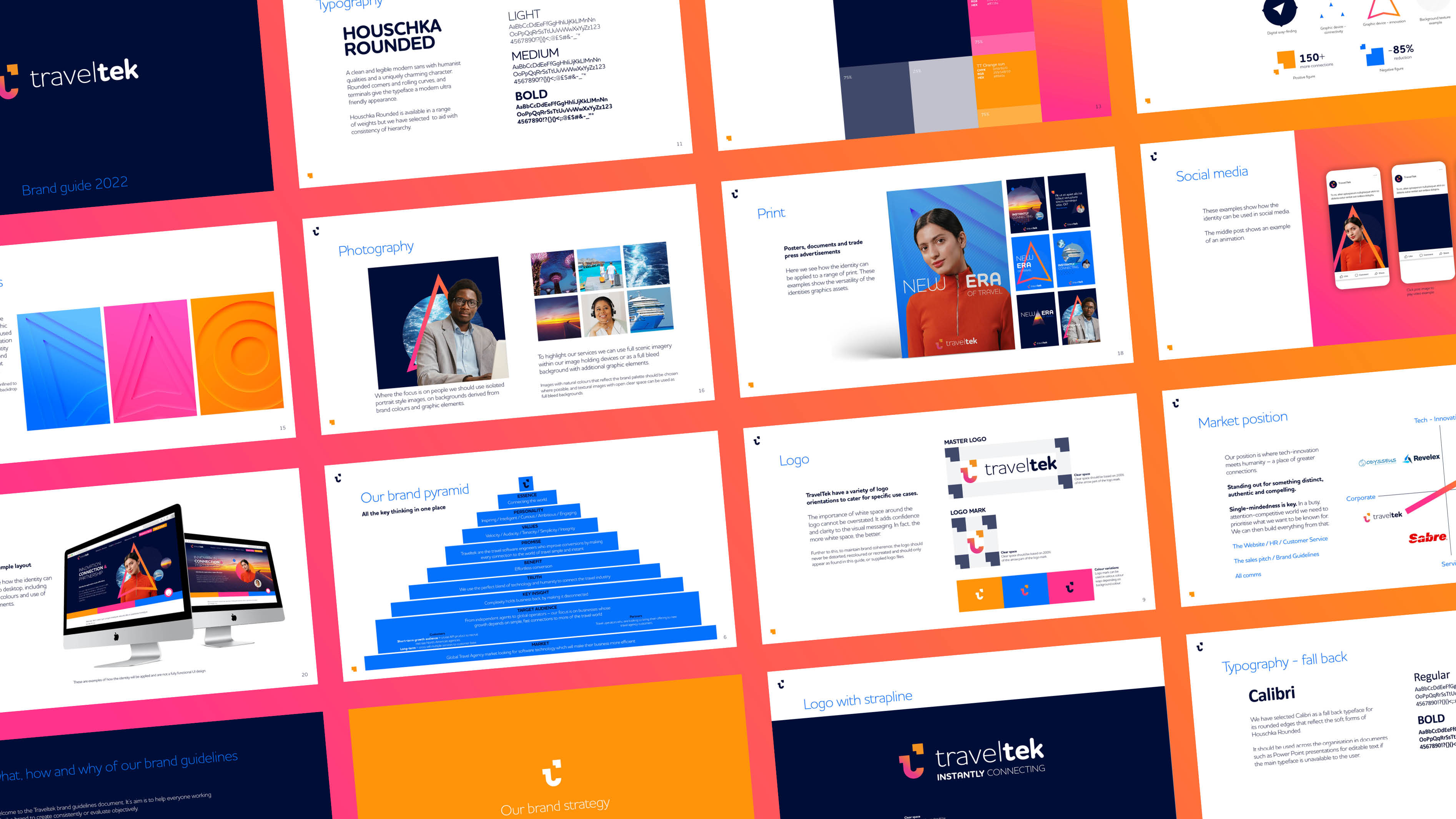 TravelTek's new brand identity applied across travel-trade marketing collateral following the post-rebrand relaunch.