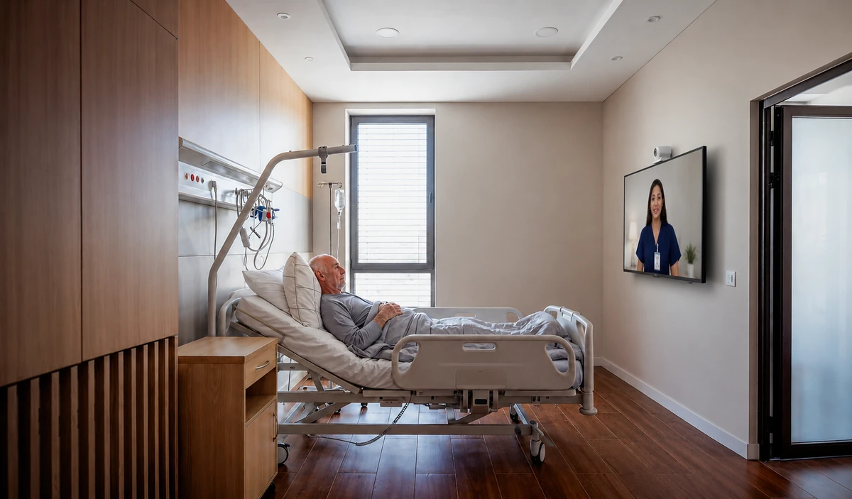 Nurse using VitalChat virtual care platform at the patient bedside