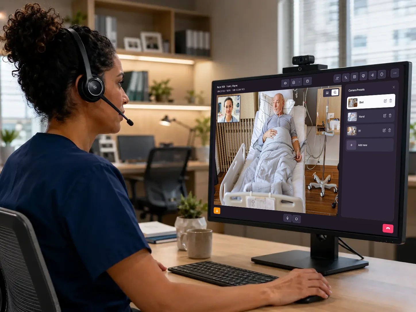 Nurse monitoring a patient remotely through a webcam-equipped display