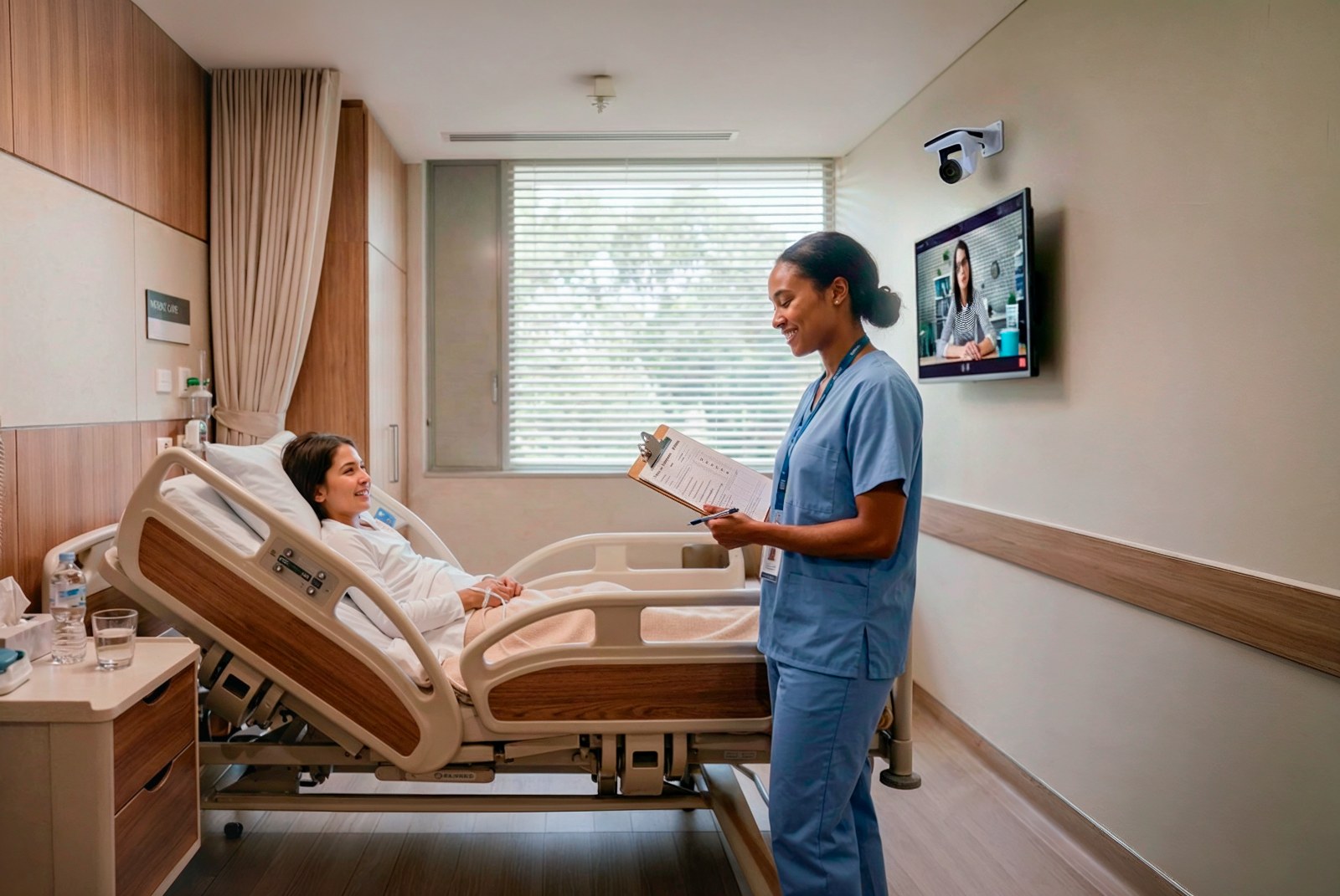 Bedside nurse in a patient room with a virtual nurse joining on the in-room screen