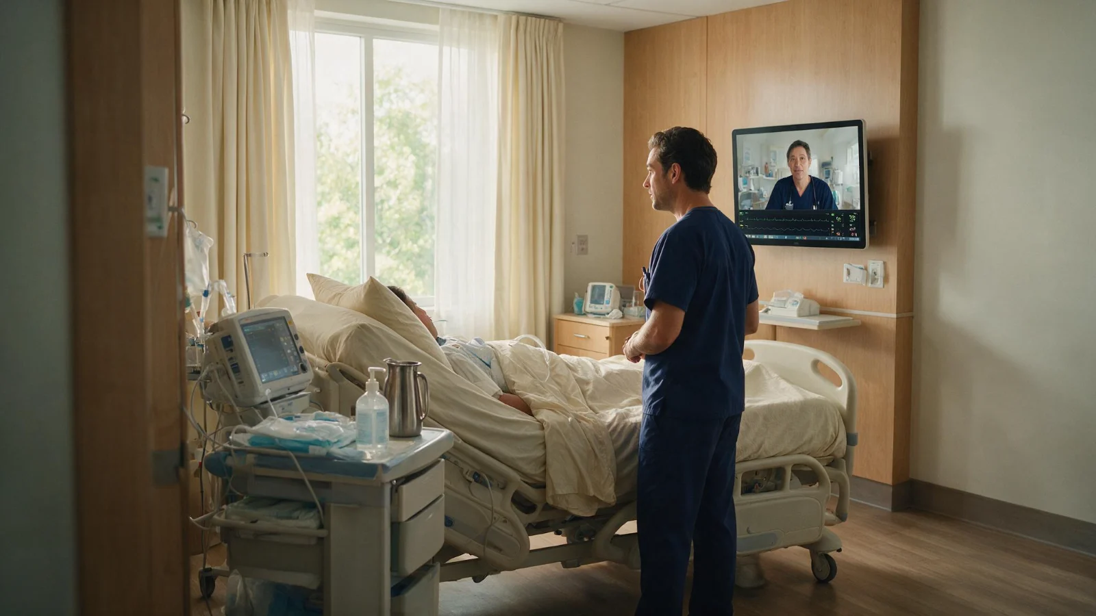 A clinician at a patient bedside while a remote specialist joins the room on the in-room screen