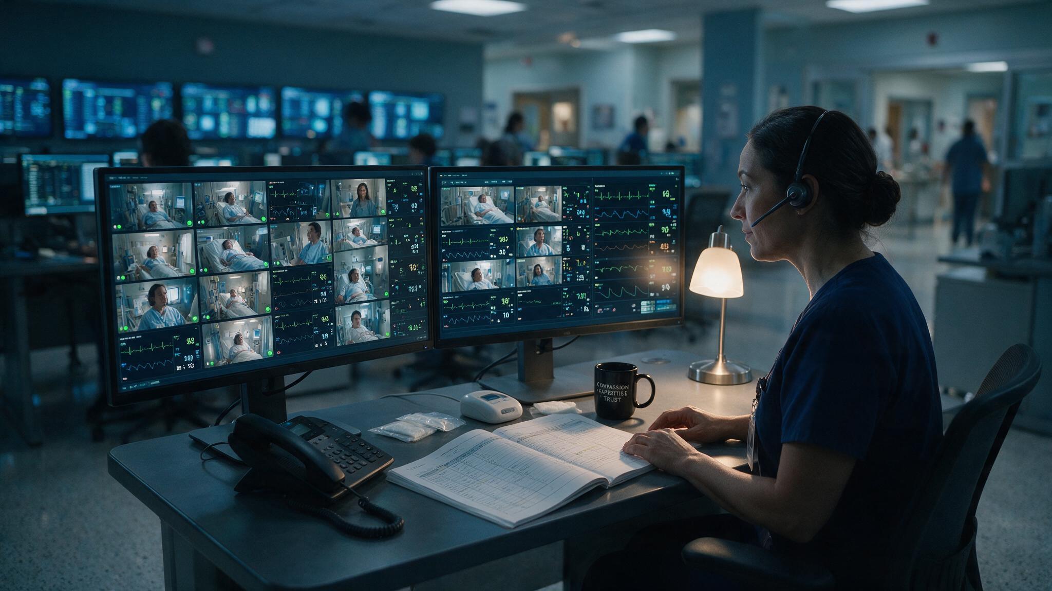 An experienced nurse in navy scrubs monitoring patient room video and vital signs from a virtual care command center workstation