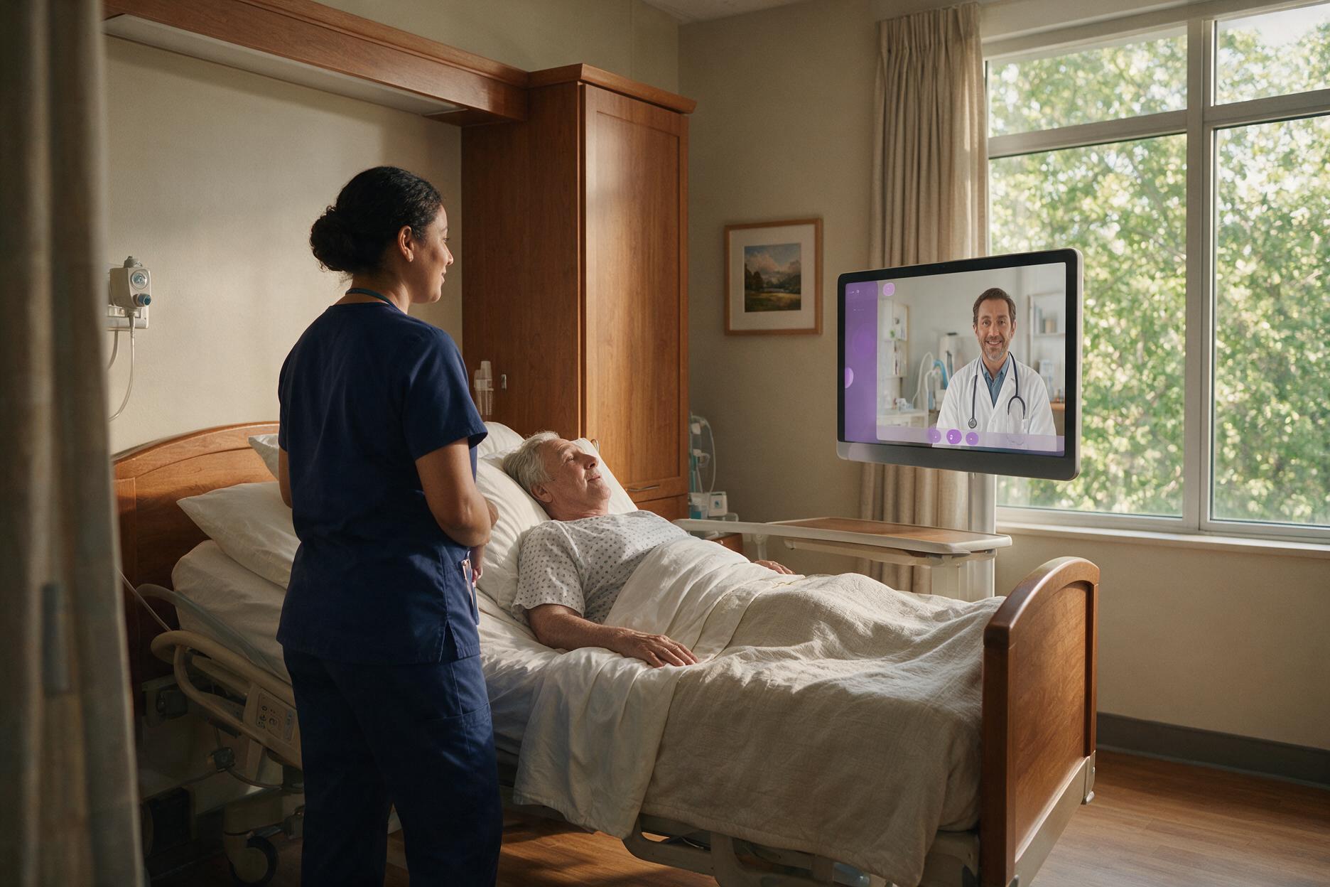 A bedside nurse and a remote physician on screen attending to a patient together