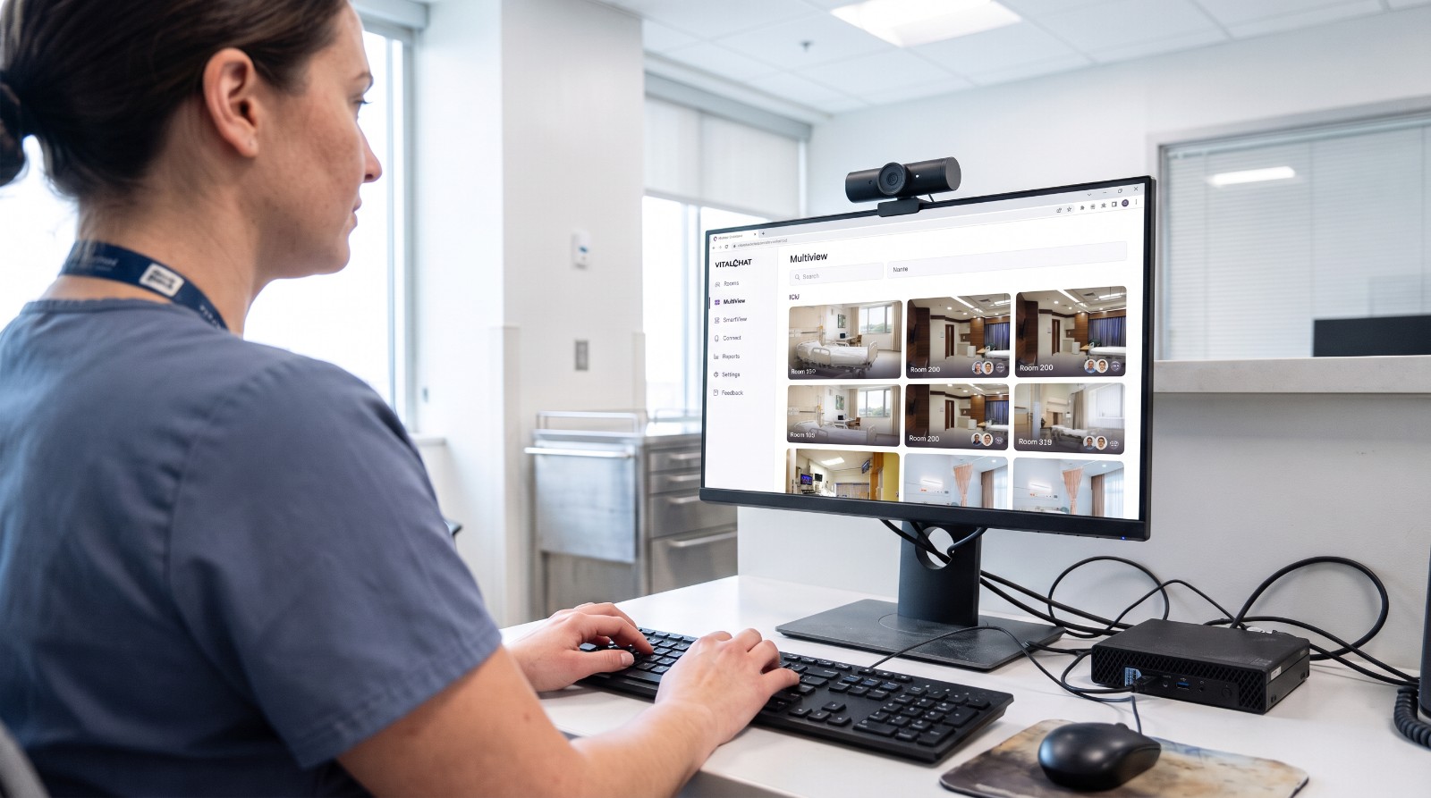 Virtual care nurse at her workstation reviewing the Vitalchat Multiview room grid
