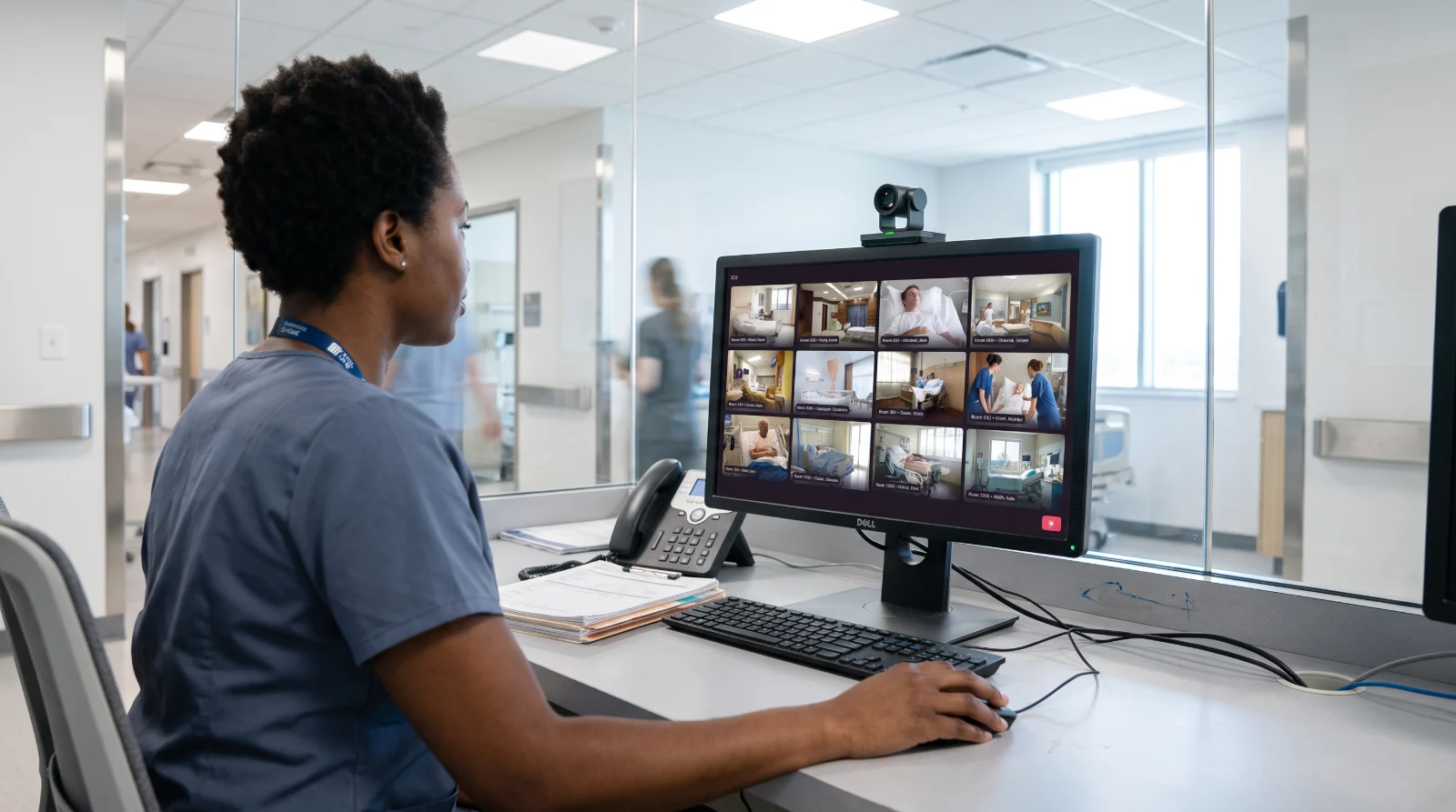A virtual observer at a hospital nursing station monitoring a grid of patient room camera feeds
