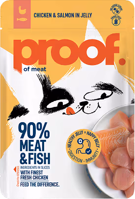 Packaging of Proof brand cat food with 90% meat and fish, featuring chicken and salmon in jelly and a graphic of a cat's face.