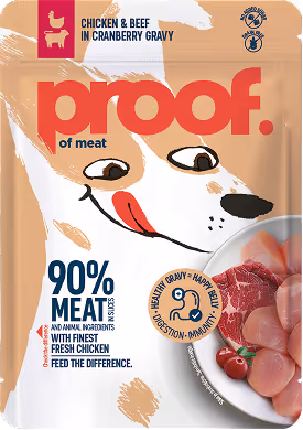 Proof pet food package featuring a cartoon dog licking lips, labeled chicken and beef in cranberry gravy with 90% meat and animal ingredients.