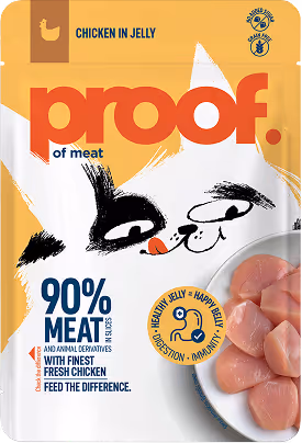 Package of Proof chicken in jelly cat food highlighting 90% meat content and image of chicken pieces on a plate.