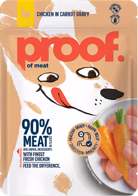 Package of Proof brand dog food with chicken in carrot gravy showing a cartoon dog licking its lips and images of carrots and chicken pieces.