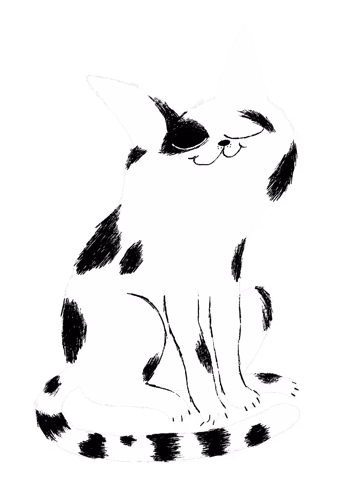 Black and white cartoon cat sitting with eyes closed and a content smile.