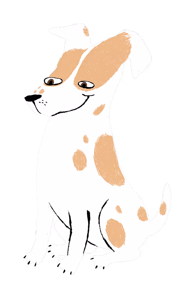 Illustration of a white dog with light brown spots sitting and smiling.