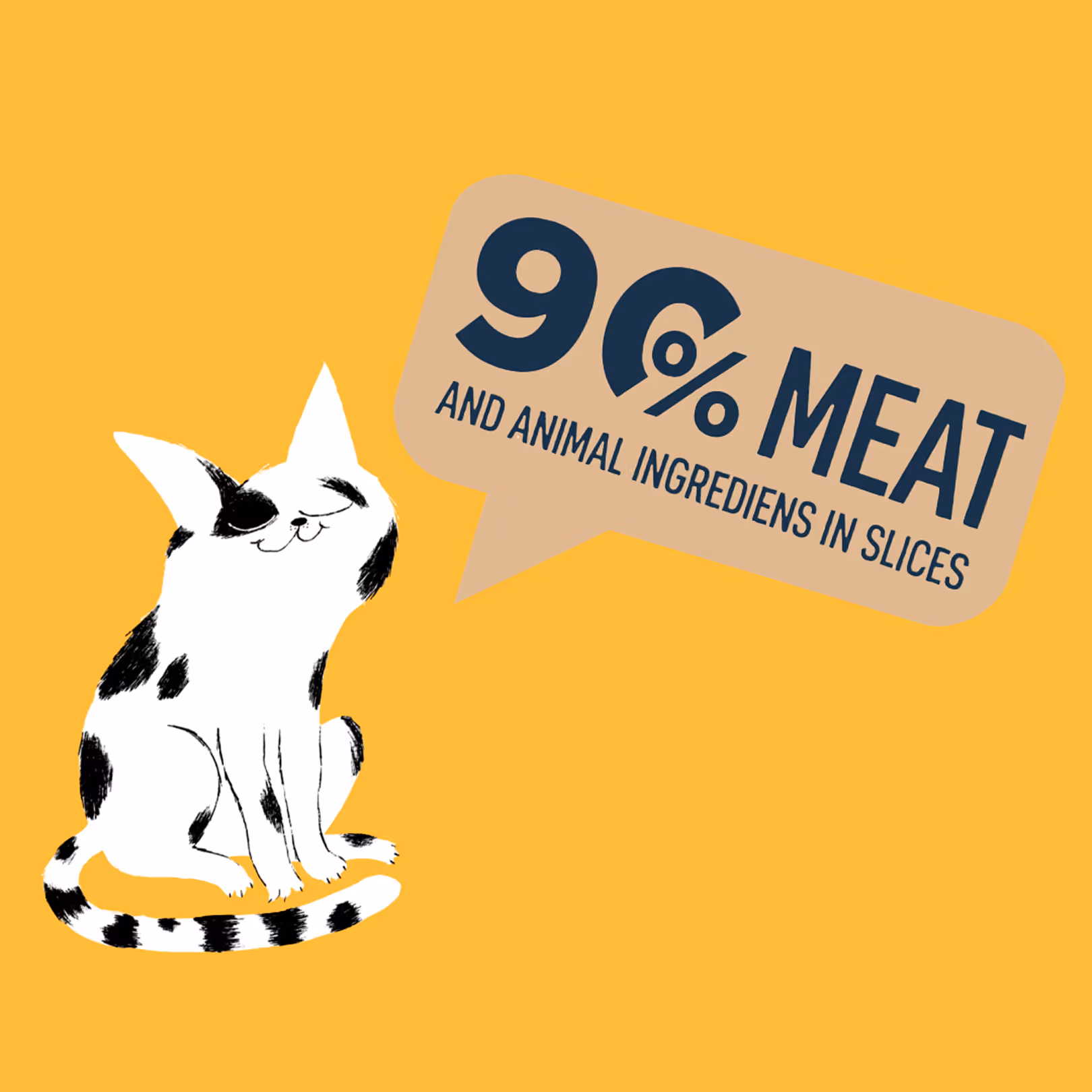 Illustration of a white and black cat with a speech bubble that reads 90% meat and animal ingredients.