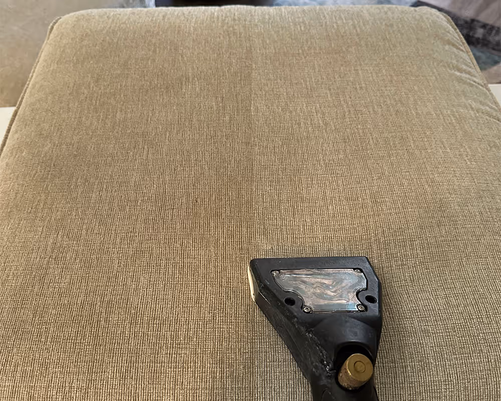 Remmington Carpet & Tile Cleaning team member is cleaning an upholstered cushion showing a clear difference from before and after.