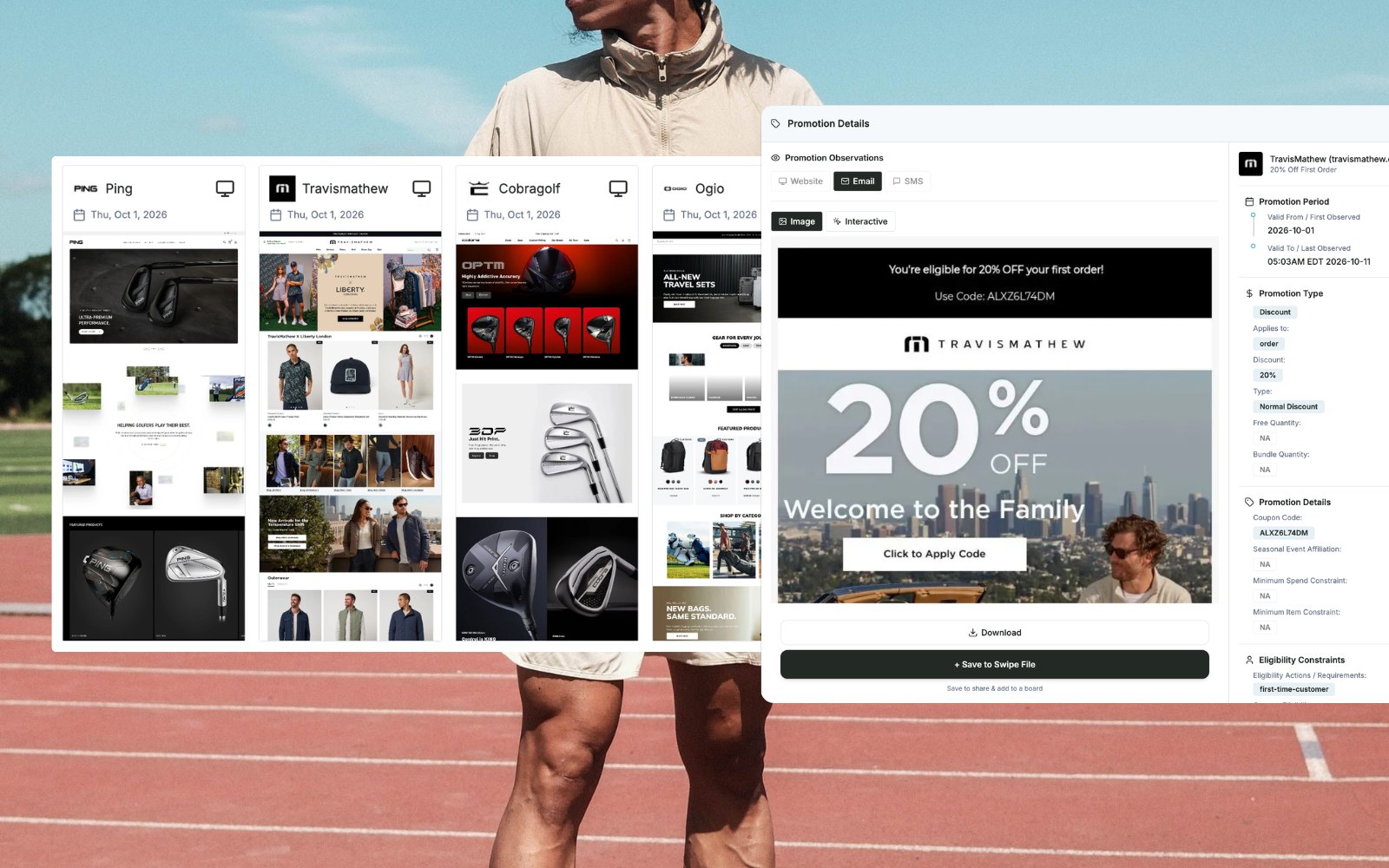 ShopVision showing competitor promotions captured across websites and email, with a welcome offer and its promotion details
