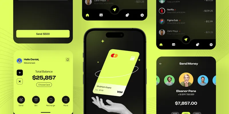 Mobile app screens showing a digital wallet interface with options to send money, display total balance of $25,857, send $7,857 to a contact named Eleanor Pena, and a floating VISA credit card above a hand.