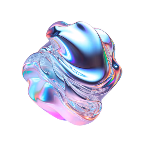 Abstract iridescent fluid-like shape with reflective surfaces in blue, purple, and pink tones on a transparent background.