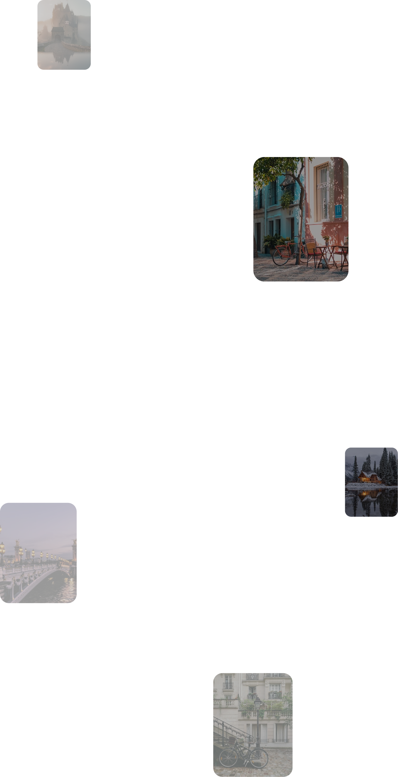 Mood board with five travel photos including a castle on a lake, a red bicycle by a cafe, a snowy cabin, a lit bridge at dusk, and a bicycle parked by a staircase on a cobblestone street.