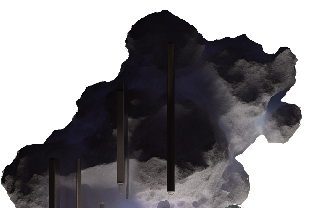 Three vertical dark monoliths emerging from a rocky surface with shadows and misty ambient lighting.