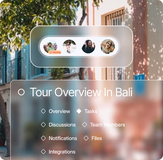 User interface screen showing a 'Tour Overview In Bali' with a menu listing Overview, Discussions, Notifications, Integrations, Tasks, Team Members, and Files, and a trending user profile row at the top.