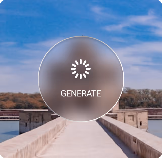 Blurred circular overlay with a white loading spinner icon and the word 'GENERATE' centered over a pathway bridge with water and trees in the background under a blue sky.