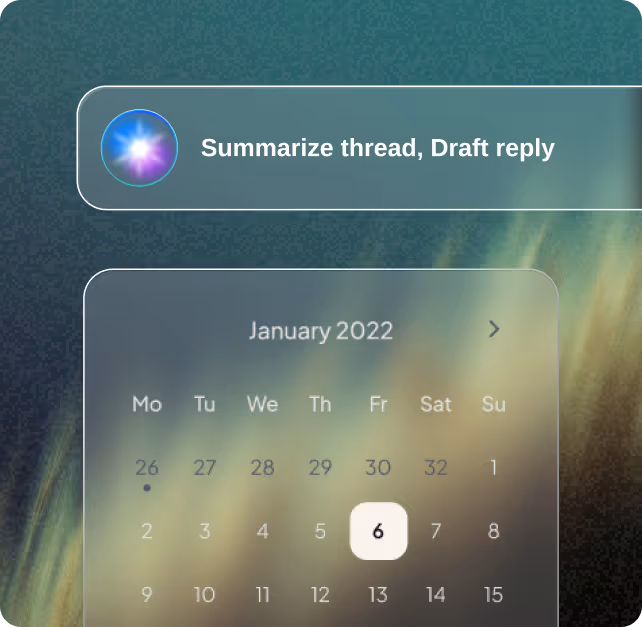 A calendar interface showing January 2022 with the 6th highlighted, and a button above labeled 'Summarize thread, Draft reply' with a colorful circular icon.